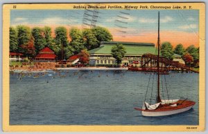 Chautauqua Lake New York 1948 Postcard Bathing Beach And Pavilion Midway Park