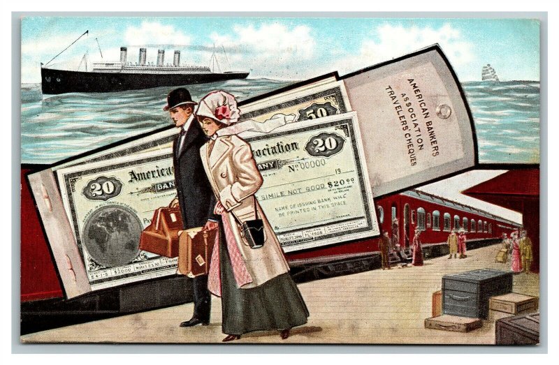 American Bankers Association Travelers Cheques Checks Ship Train Postcard