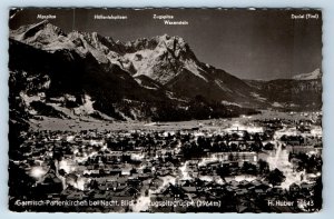 RPPC Garmisch Partenkirchen bei Nacht Blick auf Zugspitzgruppe GERMANY Postcard