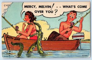 Humor Couple Boating Woman Octopus Tentacles What Come Over You Vintage Postcard