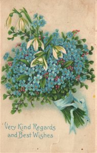 Vintage Postcard 1911 Very Kind Regards and Best Wishes Greetings Blue Flowers