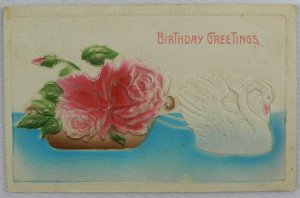 Beautiful Swan Pulls Flower Basket Birthday Greetings - Vintage Postcard