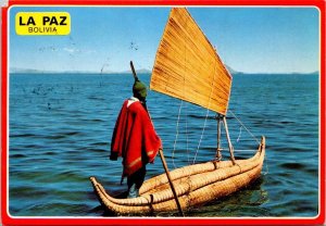 VINTAGE CONTINENTAL SIZE POSTCARD REED BOAT ON LAKE TITICACA BOLIVIA