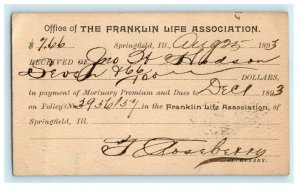 1893 Receipt Franklin Life Association Springfield Illinois IL Antique Postcard