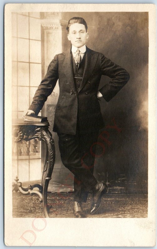 c1920s Chicago, IL Handsome Young Man RPPC Book Slick Suit Photo Stankunas A122