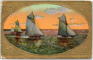 postcard Sailboats with gold emobssed border