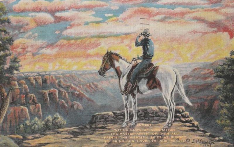 Western Sunset - Cowboy on Horse - Artist L. H. Dude Larsen - pm 1944 - Linen