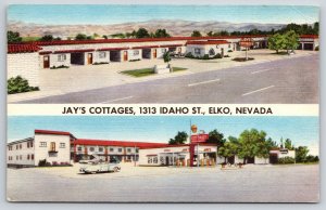 Elko Nevada~Jay's Cottages~Roadside Motel~Shell Gas Station~Linen Postcard
