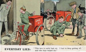 Bicycle With Bad Tyres Cyclist Repair Man Old Comic Postcard
