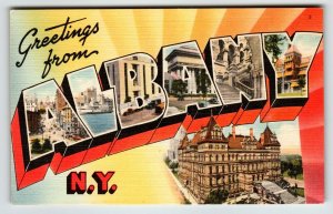 Albany New York Large Letter Greetings From Postcard Linen Tichnor Unposted NY