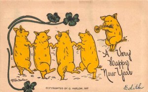 New Year Greetings Dancing Pigs Artist Signed Vintage Postcard AA69392