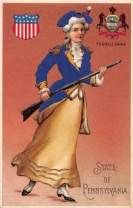 State Lady Pennsylvania Holding Rifle Blue Silk Coat Antique Postcard J61696