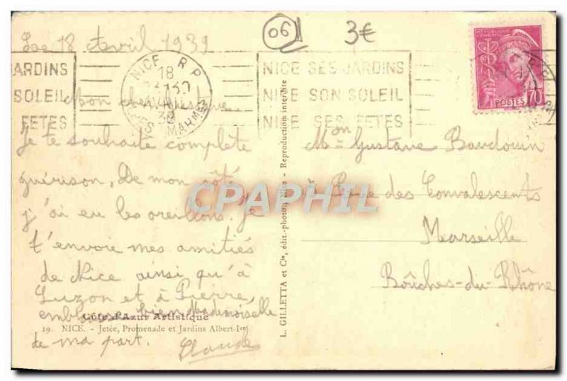 Old Postcard Nice Jetee Promenade Gardens and King Albert 1er