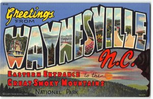 WAYNESVILLE, NORTH CAROLINA Large Letter Linen Postcard Curteich 1939 Smoky Mtns