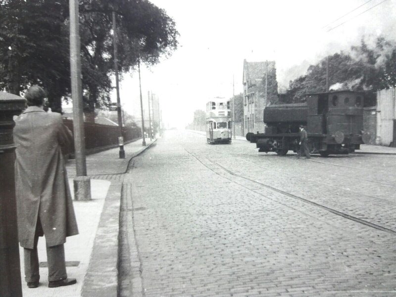 Original Vtg Photo Glasgow Tram & Stephens Steam Locomotive on Route 4  Aug 1958