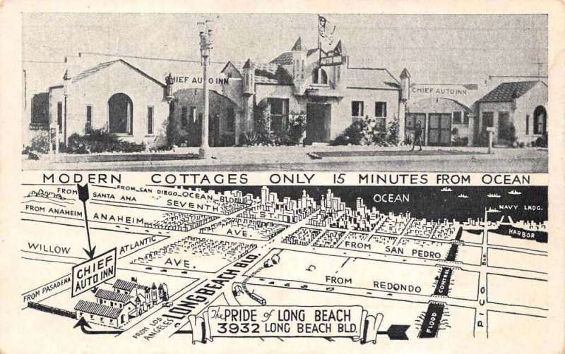 Long Beach California Chief Auto Inn Exterior/Map Vintage Postcard U1013