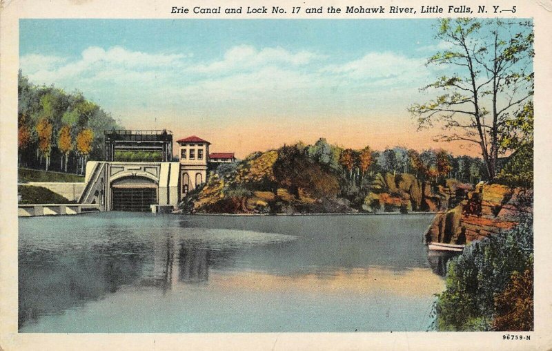 Little Falls New York 1920s Postcard Erie Canal & Lock No. 17 and Mohawk River