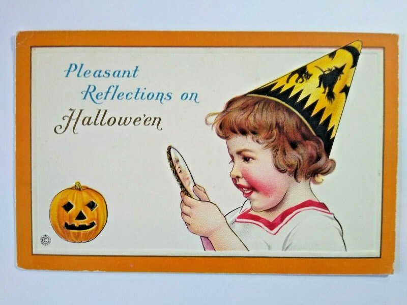 Antique Halloween Postcard Cute Girl Holds Mirror Witch Hat 80 F Embossed Unused 