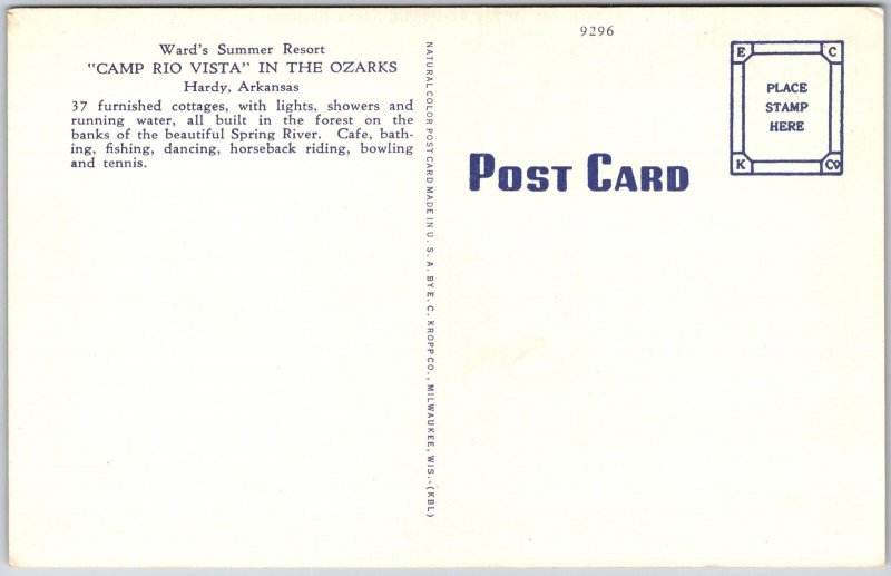 Hardy Arkansas, Ward's Summer Resort, Camp Rio Vista, Frog Bayou, Postcard