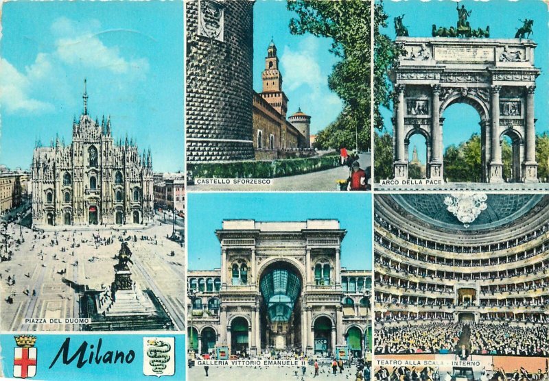 Postcard Italy Greetings from Milan arc castle  theater