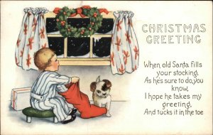 Whitney Christmas Little Boy and Puppy with Stocking c1920 Vintage Postcard