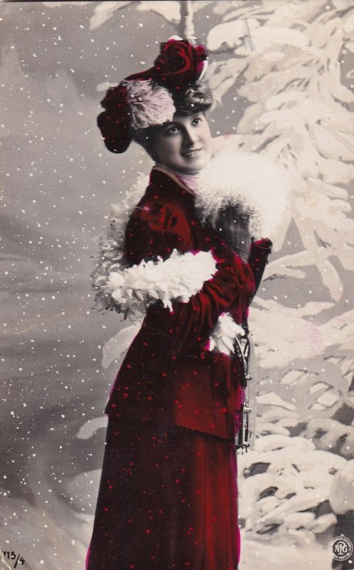 RP: Woman wearing Red Velvet Outfit, White Boa, Snowfall, PU-1908