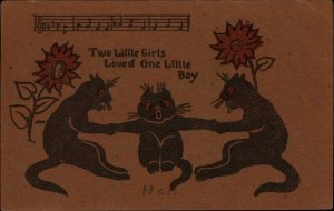 Black Cats Two Girls Fight Over One Boy COMIC c1910 Postcard