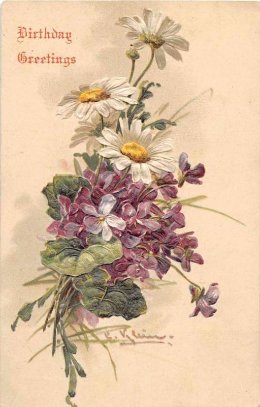 Birthday Greetings White and Purple Flowers Signed Klein Postcard J52282