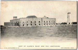 Fort at Clark's Point and Old Lighthouse, New Bedford MA UDB Vtg Postcard Q37