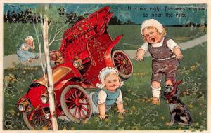 Dutch Children Crashed Early Auto Car Puppy Greeting Antique Postcard K37918