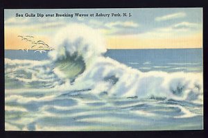 Nice Asbury Park, New Jersey/NJ Postcard, Sea Gulls Dip Over Breaking Waves