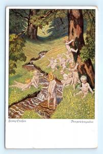 Postcard Art Franz Stassen Babies by a Stream in the Woods G18