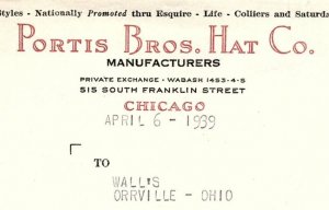 1939 PORTIS BROS HAT CO.  515 S. FRANKLIN ST CHICAGO IL BILLHEAD INVOICE Z1196