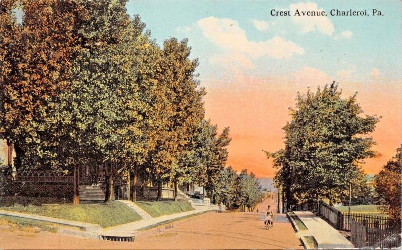 CHARLEROI PENNSYLVANIA~CREST AVENUE-BOYS DOUBLING ON BICYCLE POSTCARD 1910s 