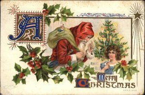 Christmas Santa Claus and Little Girl Fancy Border c1910 Vintage Postcard