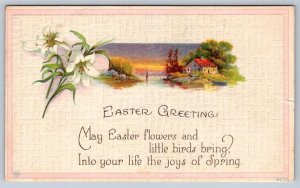 Easter Greeting, Lilies, Rural Scene, Vintage S. Bergman Postcard