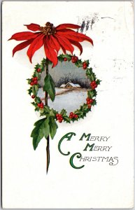 1917 A Merry Christmas Landscape Poinsettia Flower Wreath Posted Postcard