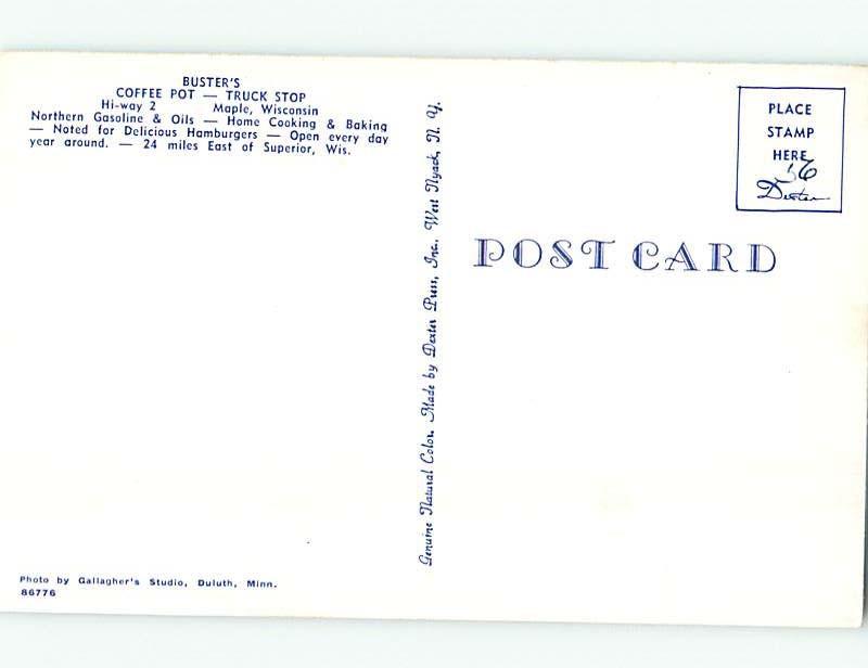 Unused Pre-1980 BUSTER'S COFFEE POT RESTAURANT Maple Wisconsin WI B8423