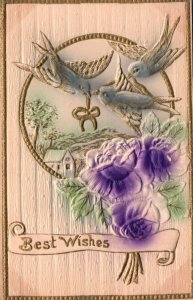 Vintage Postcard 1914 Best Wishes Blue Rose Flowers Birds Landscape Bordered