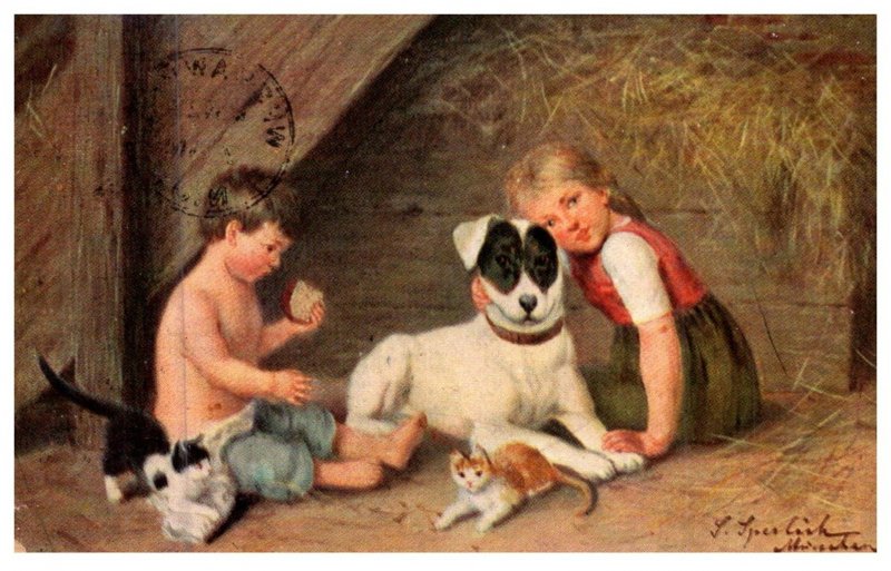 Dog  ,  farm Children with Dog and kittens