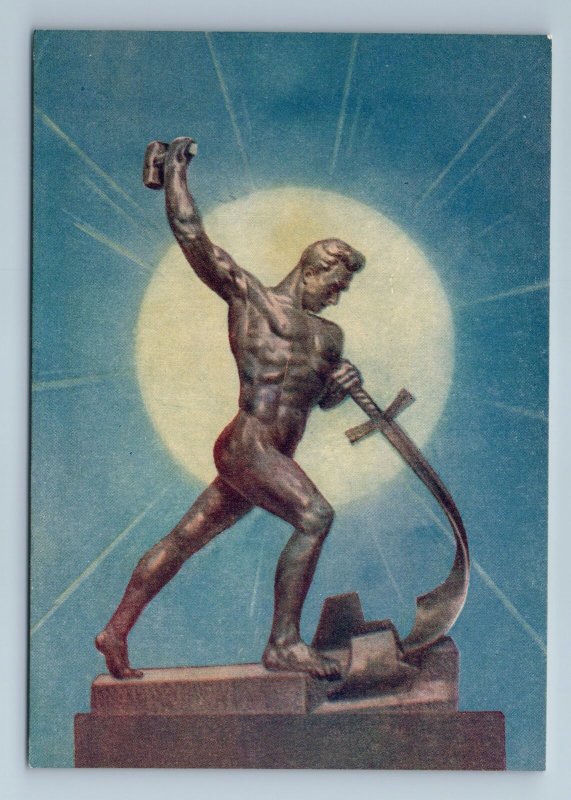 1960 NUDE MUSCULAR MAN Swords into Plowshares AVANT GARDE USSR Postcard