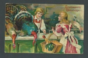 Ca 1908 Post Card Thanksgiving Greeting W/Girl Shopping For Turkey Embossed
