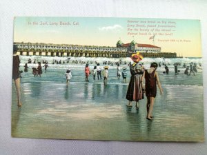 Vintage Postcard 1910's In the Surf Long Beach CA California Summer Seas Break