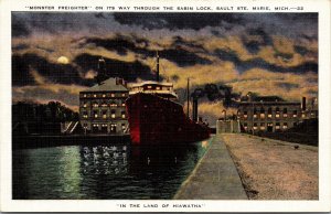 Vtg Sault Ste Marie Michigan MI Freighter Passing Through Sabin Lock Postcard