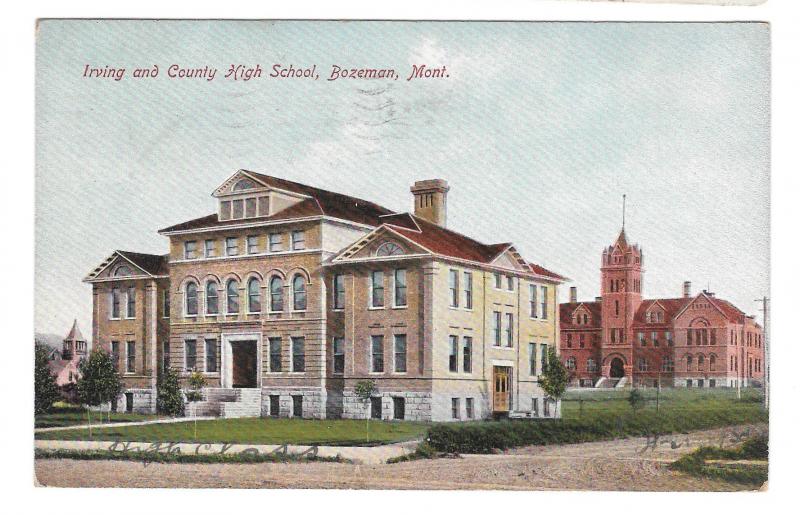 MT Bozeman Irving and County High School 1908 Postcard Brammer Palmer Drug Co