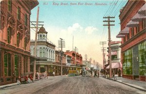 Mitchell Postcard H-1 King Street from Fort Street, Honolulu T.H., Trolley