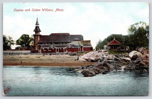 Casino And Salem Willows Massachusetts Ocean Front Bath House & Rocks Postcard