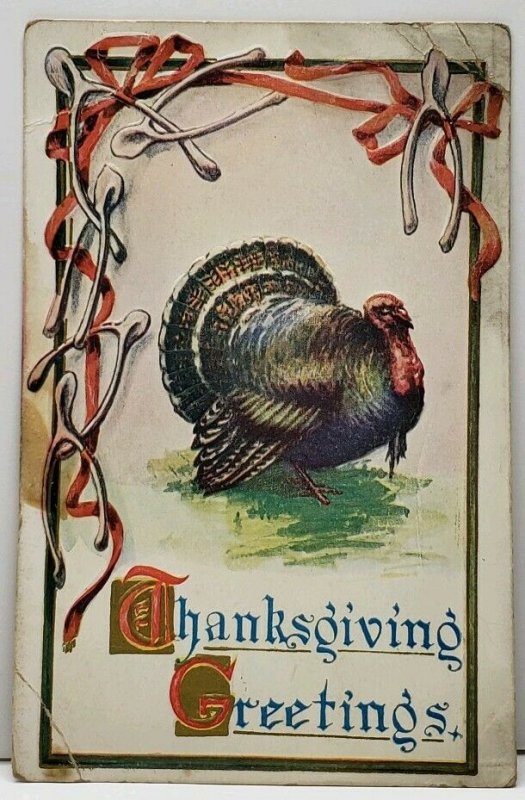 Thanksgiving Greeting Turkey Wishbones 1914 Yarmouth to Portland ME Postcard C19 