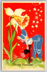 Easter~Blond Girl In Garden Waters Giant Daffodil~Gloves~Shovel~ART DECO~Finland
