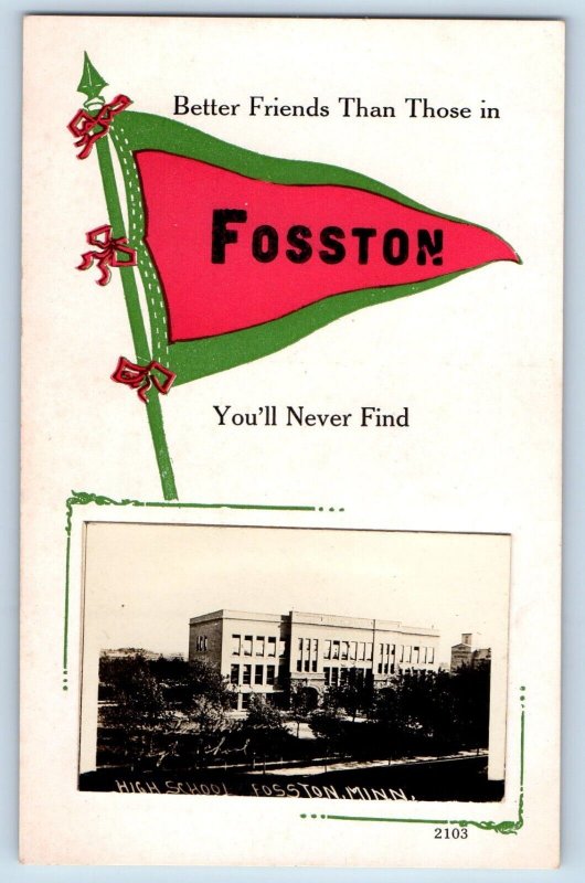 Fosston Minnesota MN Postcard RPPC Photo High School Building Pennant c1910's